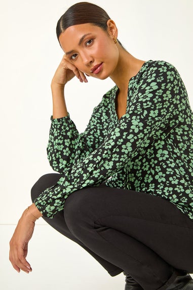 Roman Green Floral Button Detail Pinktuck Top