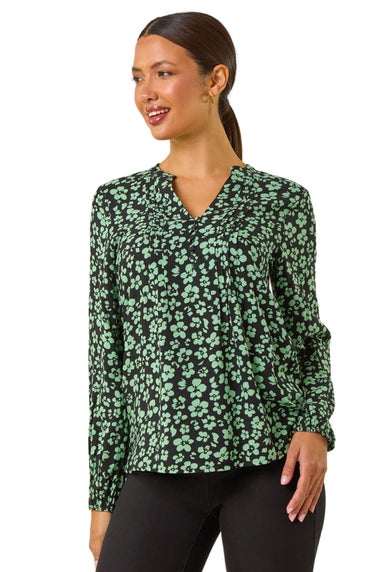 Roman Green Floral Button Detail Pinktuck Top