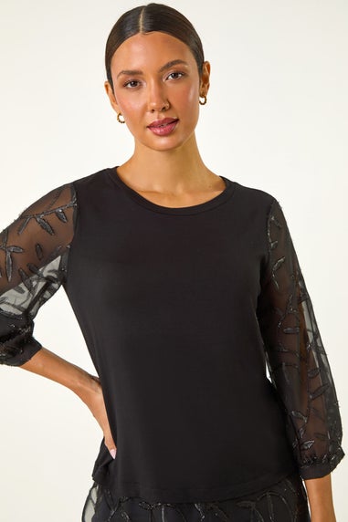 Roman Black Textured Floral Contrast Top