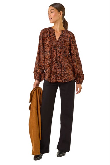 Roman Rust Animal Print Buttoned Pinktuck Top