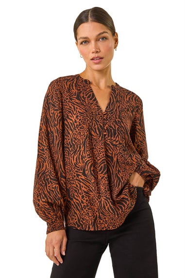 Roman Rust Animal Print Buttoned Pinktuck Top