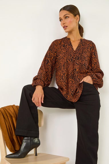 Roman Rust Animal Print Buttoned Pinktuck Top