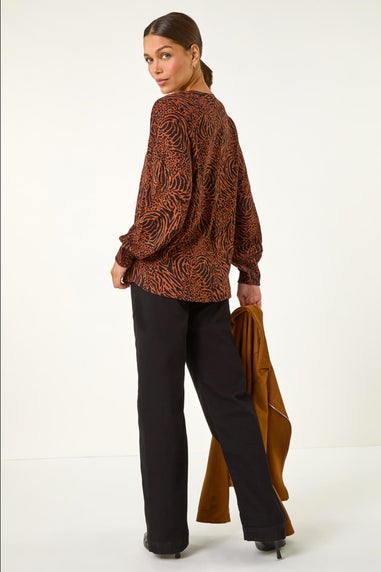 Roman Rust Animal Print Buttoned Pinktuck Top