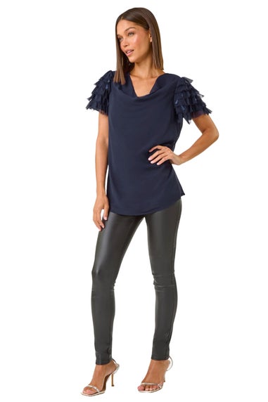 Roman Midnight Blue Cowl Neck Shoulder Sequin Frill Top
