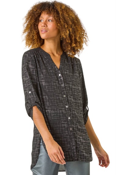 Roman Silver V-Neck Metallic Print Blouse