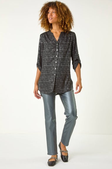 Roman Silver V-Neck Metallic Print Blouse