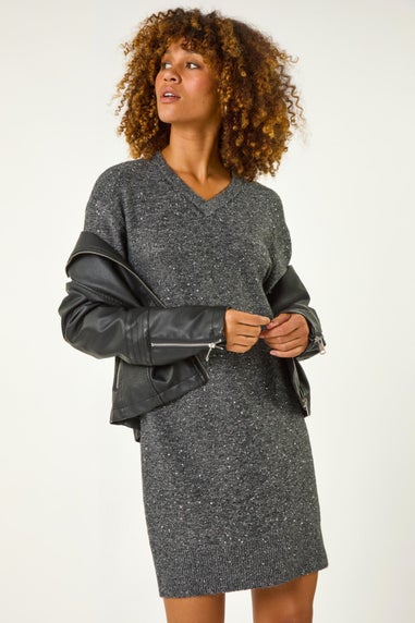 Roman Dark Grey Sequin Detail Stretch Jumper Dress