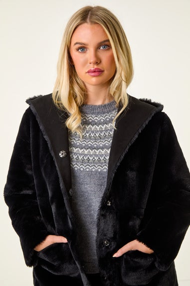 Roman Black Petite Faux Sheepskin Reversable Hooded Coat