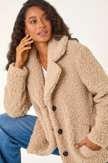 Dusk Beige Textured Borg Pocket Short Coat