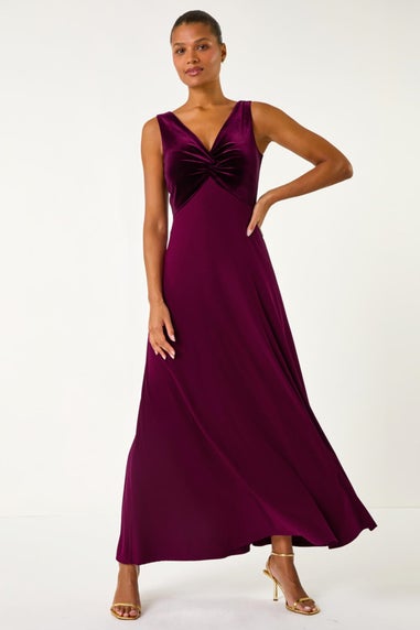 Roman Wine Velvet Twist Front Maxi Stretch Dress