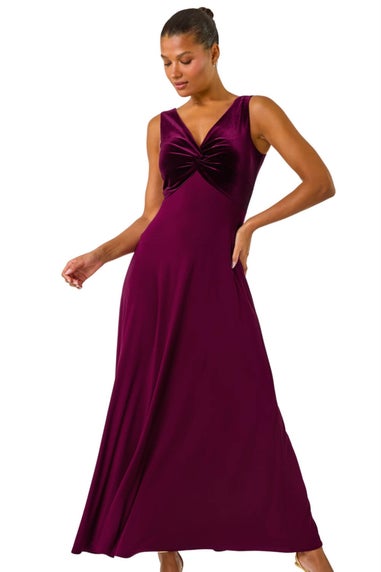 Roman Wine Velvet Twist Front Maxi Stretch Dress