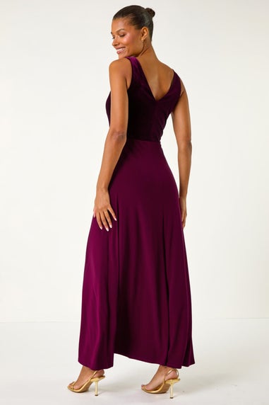 Roman Wine Velvet Twist Front Maxi Stretch Dress