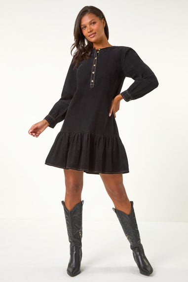 Roman Black Corduroy Button Detail A-Line Dress