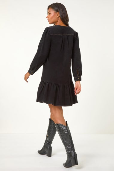 Roman Black Corduroy Button Detail A-Line Dress