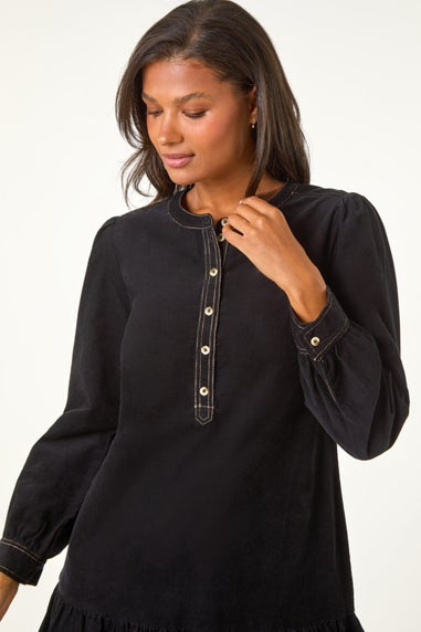 Roman Black Corduroy Button Detail A-Line Dress
