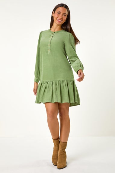 Roman Sage Corduroy Button Detail A-Line Dress