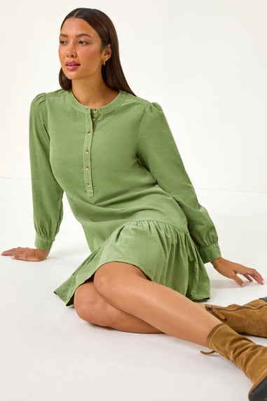 Roman Sage Corduroy Button Detail A-Line Dress