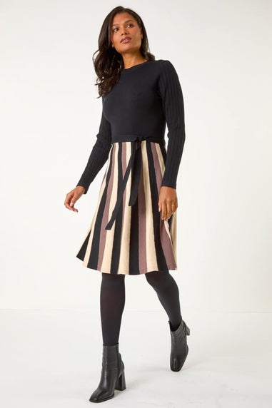 Roman Taupe Vertical Stripe Knitted Dress