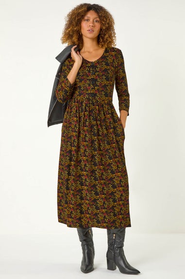 Roman Amber Floral Print Button Detail Midi Dress