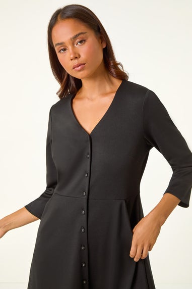 Roman Black Petite V-Neck Button Detail Stretch Dress