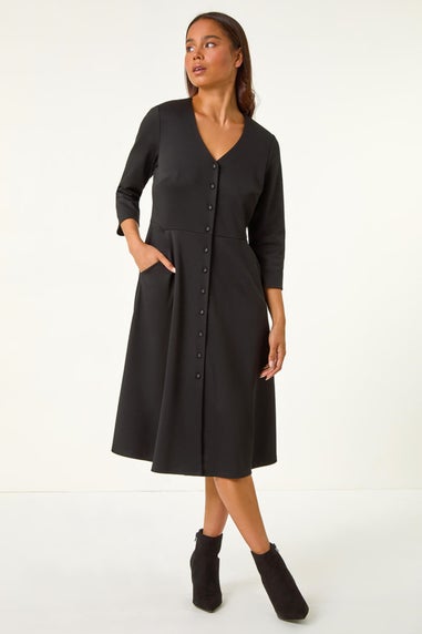 Roman Black Petite V-Neck Button Detail Stretch Dress