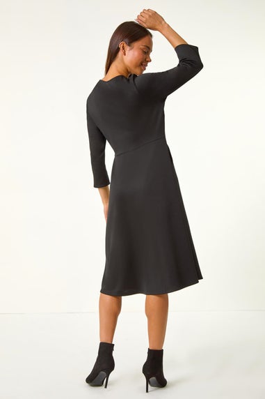 Roman Black Petite V-Neck Button Detail Stretch Dress