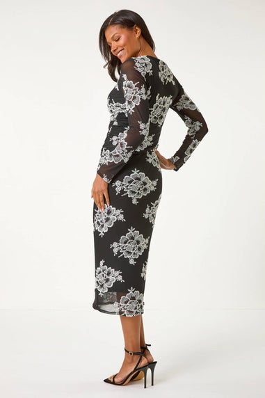 Roman Black Floral Lace Mesh Midi Dress