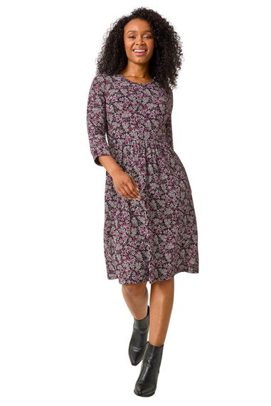 Roman Purple Petite Floral Print Gathered Waist Dress