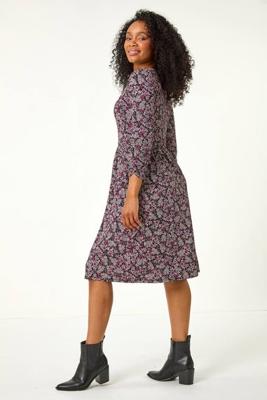 Roman Purple Petite Floral Print Gathered Waist Dress