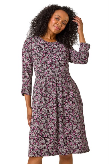 Roman Purple Petite Floral Print Gathered Waist Dress