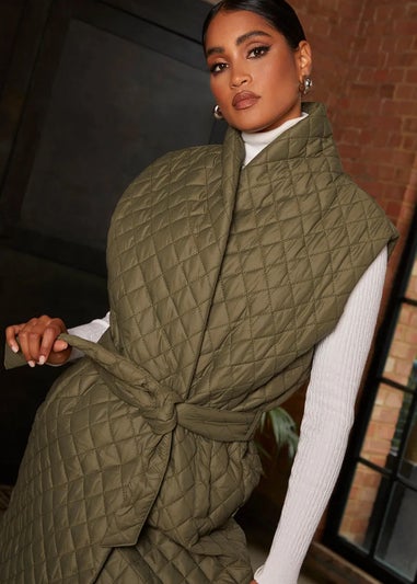 Chi Chi London Khaki Diamond Quilted Longline Belted Gilet