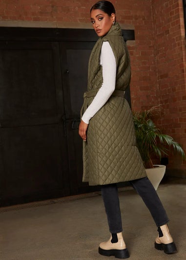 Chi Chi London Khaki Diamond Quilted Longline Belted Gilet