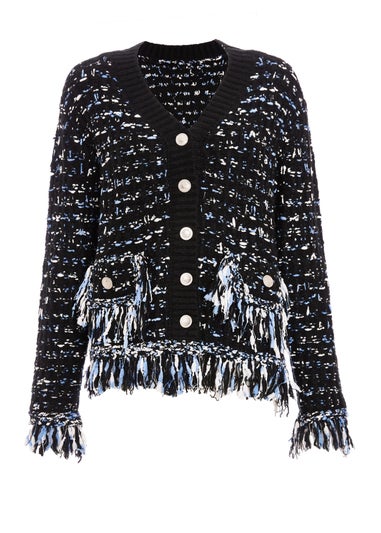 Quiz Black Boucle Knit Fringe Cardigan