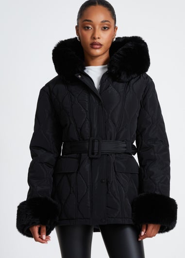 Quiz Black Faux Fur Trim Jacket