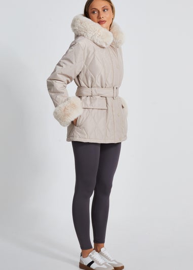 Quiz Stone Faux Fur Trim Jacket