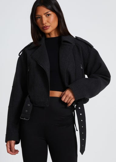 Quiz Dark Grey Cropped Biker Jacket