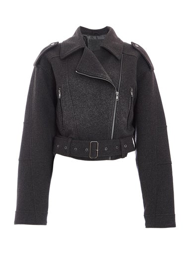 Quiz Dark Grey Cropped Biker Jacket