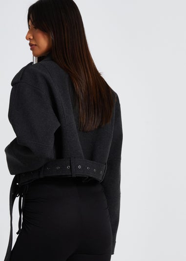 Quiz Dark Grey Cropped Biker Jacket