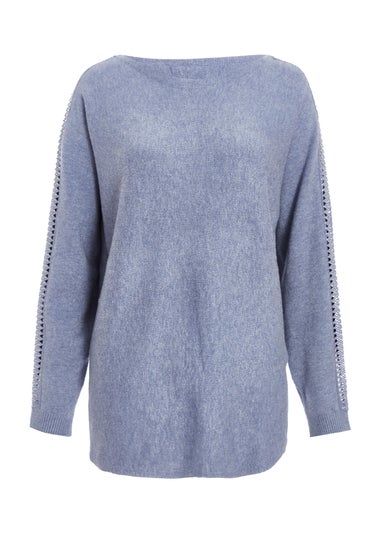 Quiz Blue Light Knit Diamante Sleeve Jumper