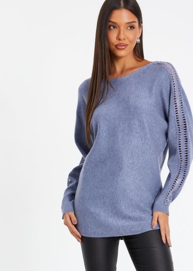 Quiz Blue Light Knit Diamante Sleeve Jumper