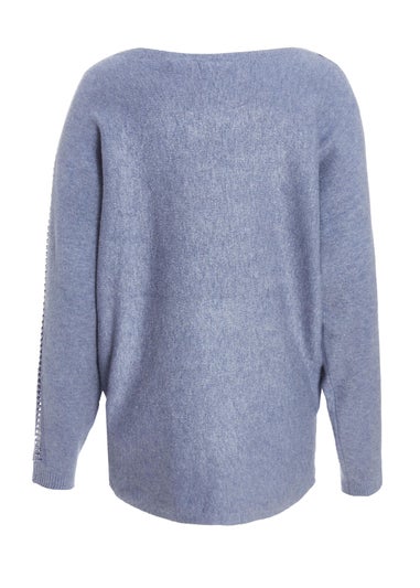 Quiz Blue Light Knit Diamante Sleeve Jumper