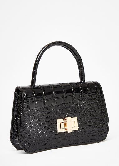 Quiz Black Crocodile Print Top Handle Bag