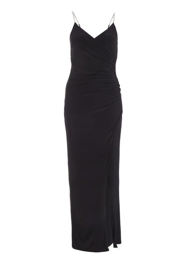 Quiz Black Petite Diamante Ruched Maxi Dress