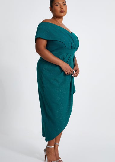 Quiz Green Curve Glitter Bardot Midi Dress