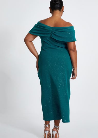 Quiz Green Curve Glitter Bardot Midi Dress