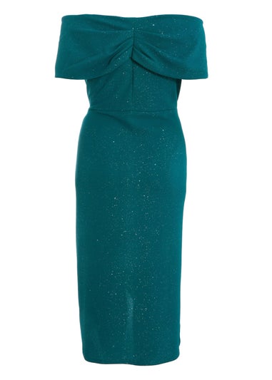 Quiz Green Curve Glitter Bardot Midi Dress