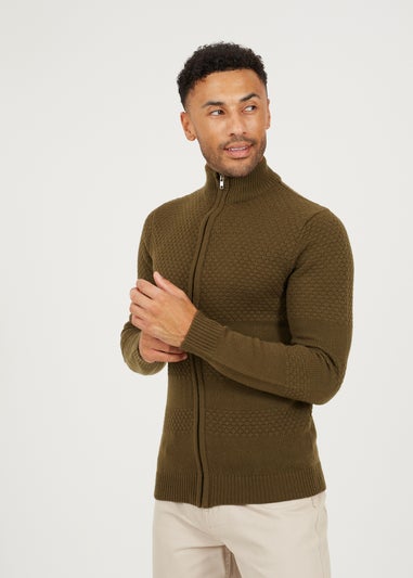 Brave Soul Khaki Zip Through Funnel Neck Knit Cardigan