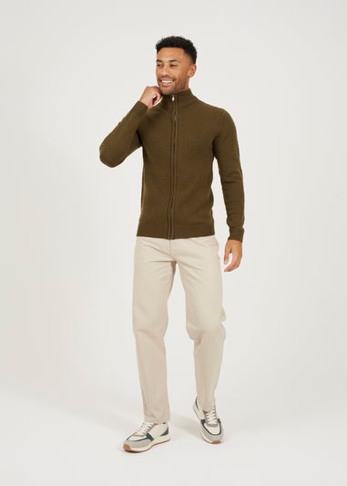 Brave Soul Khaki Zip Through Funnel Neck Knit Cardigan