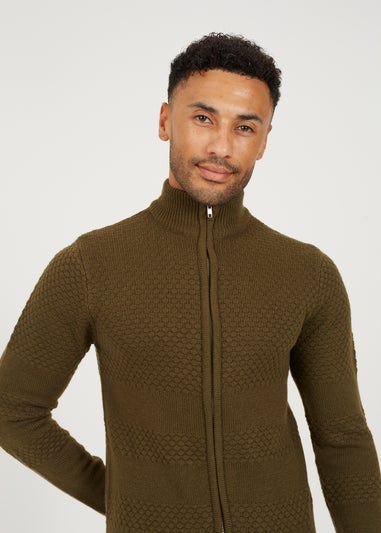 Brave Soul Khaki Zip Through Funnel Neck Knit Cardigan