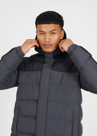 Brave Soul Grey Longline Mesh Sleeve Padded Hooded Jacket